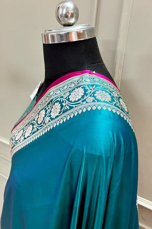 Teal Plain Zari Border Katan Silk Banarasi Saree