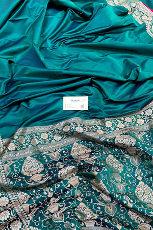 Teal Plain Zari Border Katan Silk Banarasi Saree