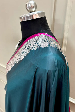 Teal Plain Zari Border Katan Silk Banarasi Saree