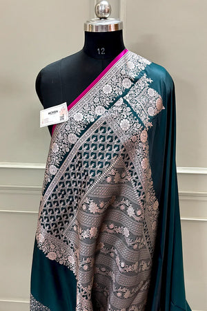 Teal Plain Zari Border Katan Silk Banarasi Saree
