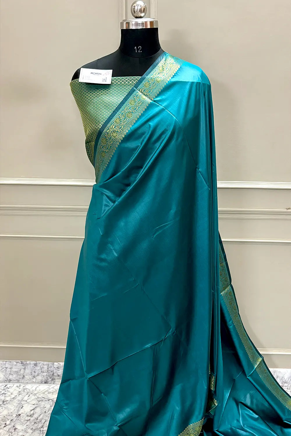 Teal Plain Zari Silk Banarasi Saree