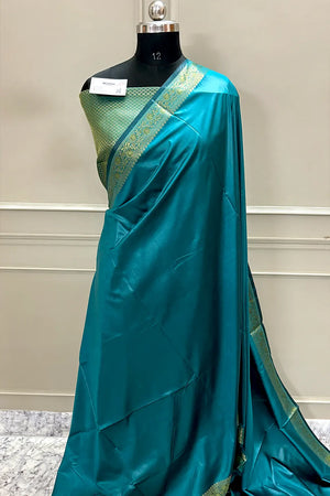 Teal Plain Zari Silk Banarasi Saree