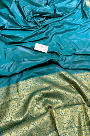 Teal Plain Zari Silk Banarasi Saree