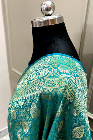 Teal Rajvada Buti Katan Silk Banarasi Saree
