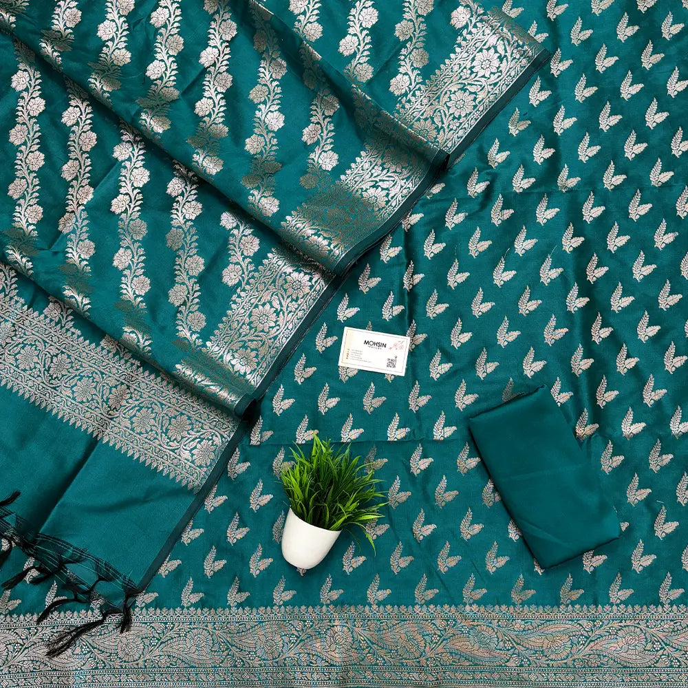 Teal Semi Katan Silk Banarasi Suit