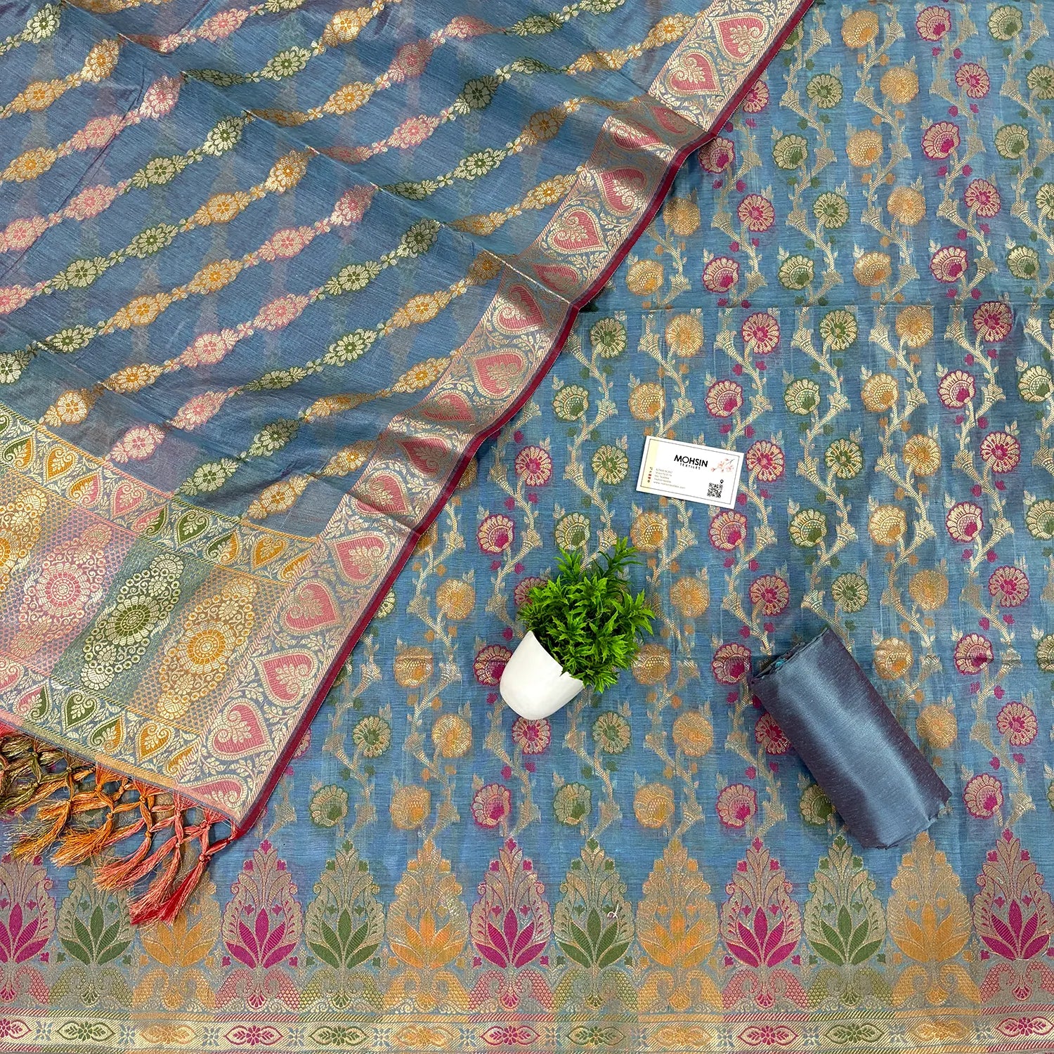 Greyish Firozi Sindhuri Phool Resham Silk Banarasi Suit