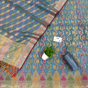 Greyish Firozi Sindhuri Phool Resham Silk Banarasi Suit