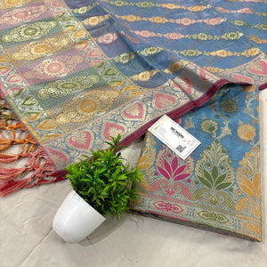 Greyish Firozi Sindhuri Phool Resham Silk Banarasi Suit