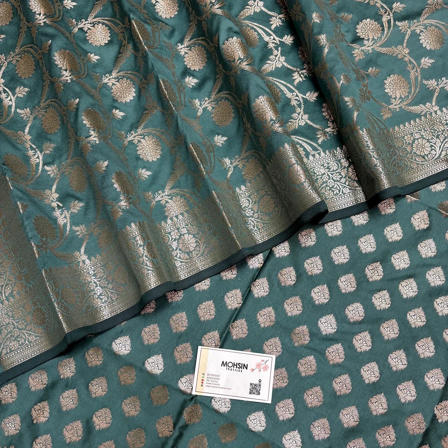 Teal Singhasan Buti Semi Katan Silk Banarasi Suit