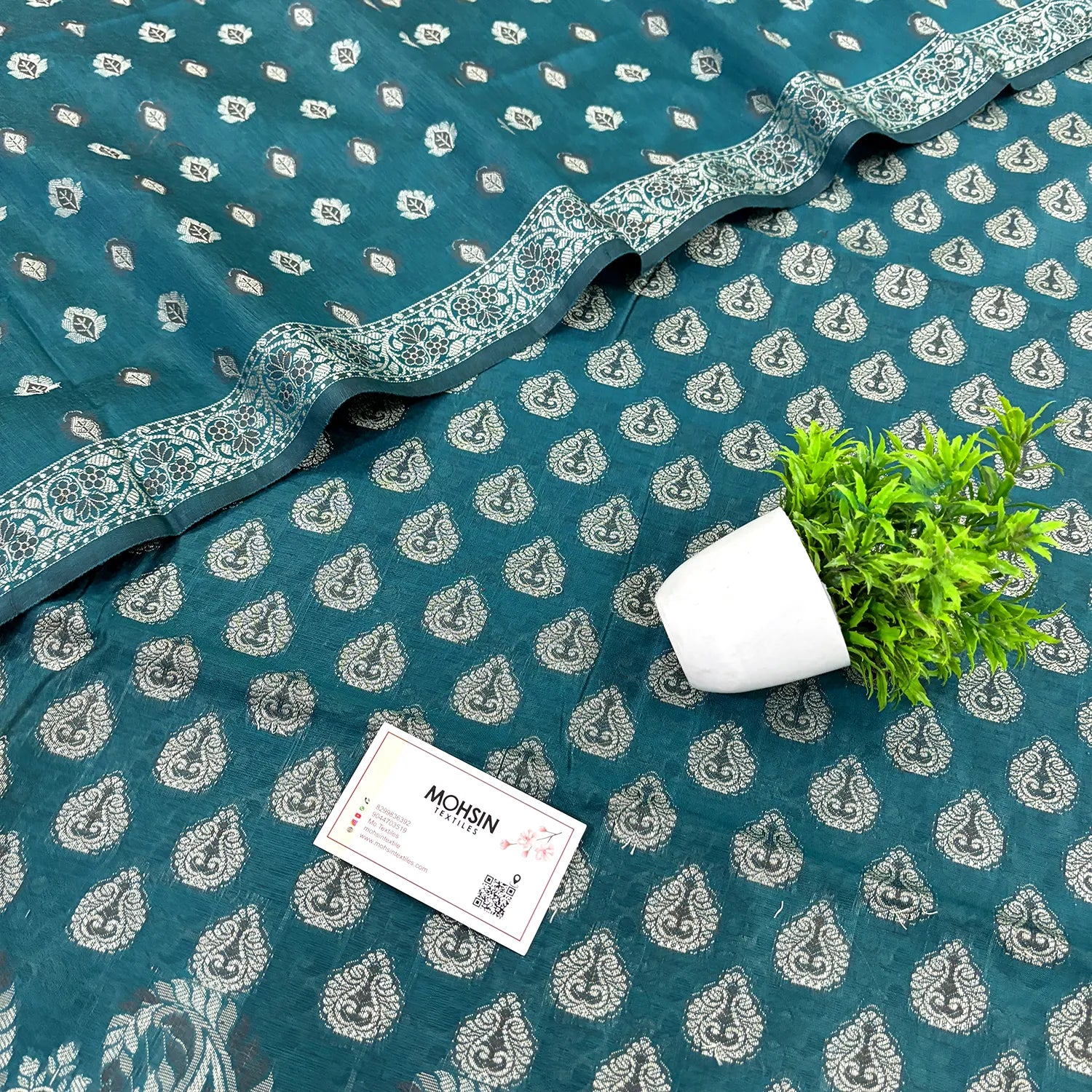 Teal Surahi Buti Cotton Silk Banarasi Suit