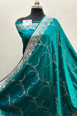 Teal Zari Katan Mashru Silk Banarasi Saree
