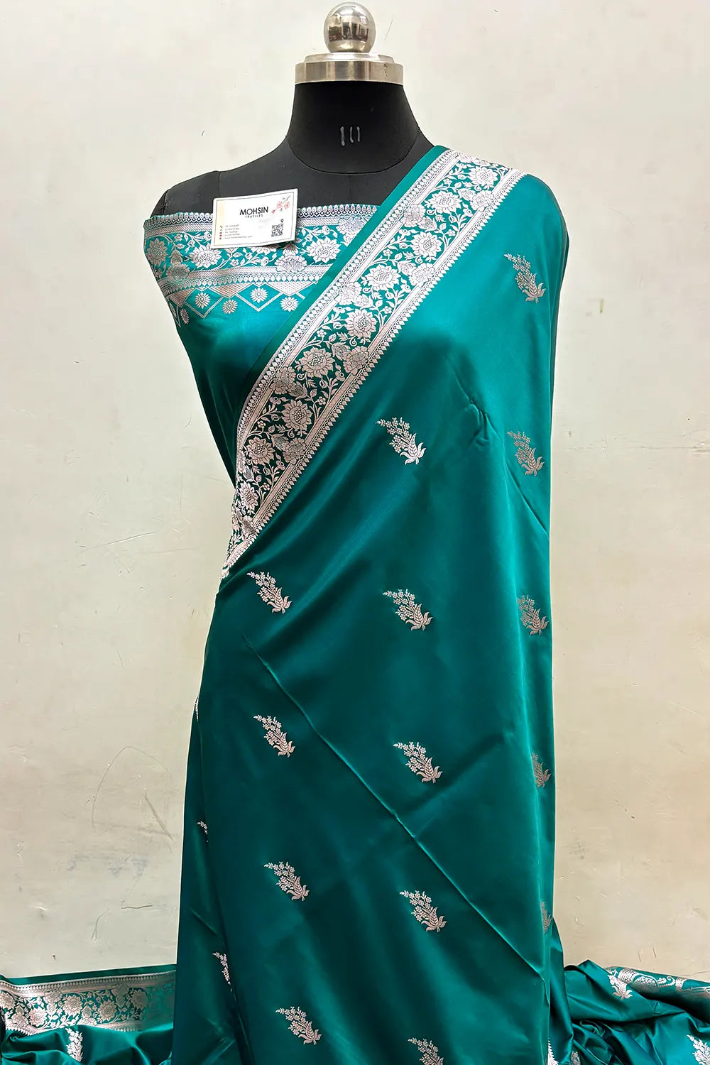 Teal Zari Katan Mashru Silk Banarasi Saree