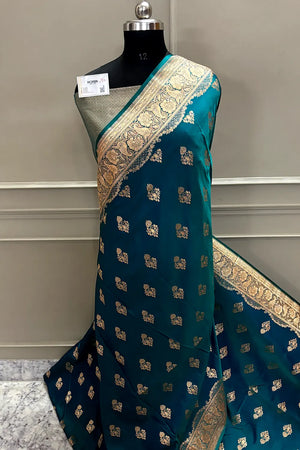Teal Zari Katan Satin Silk Banarasi Saree