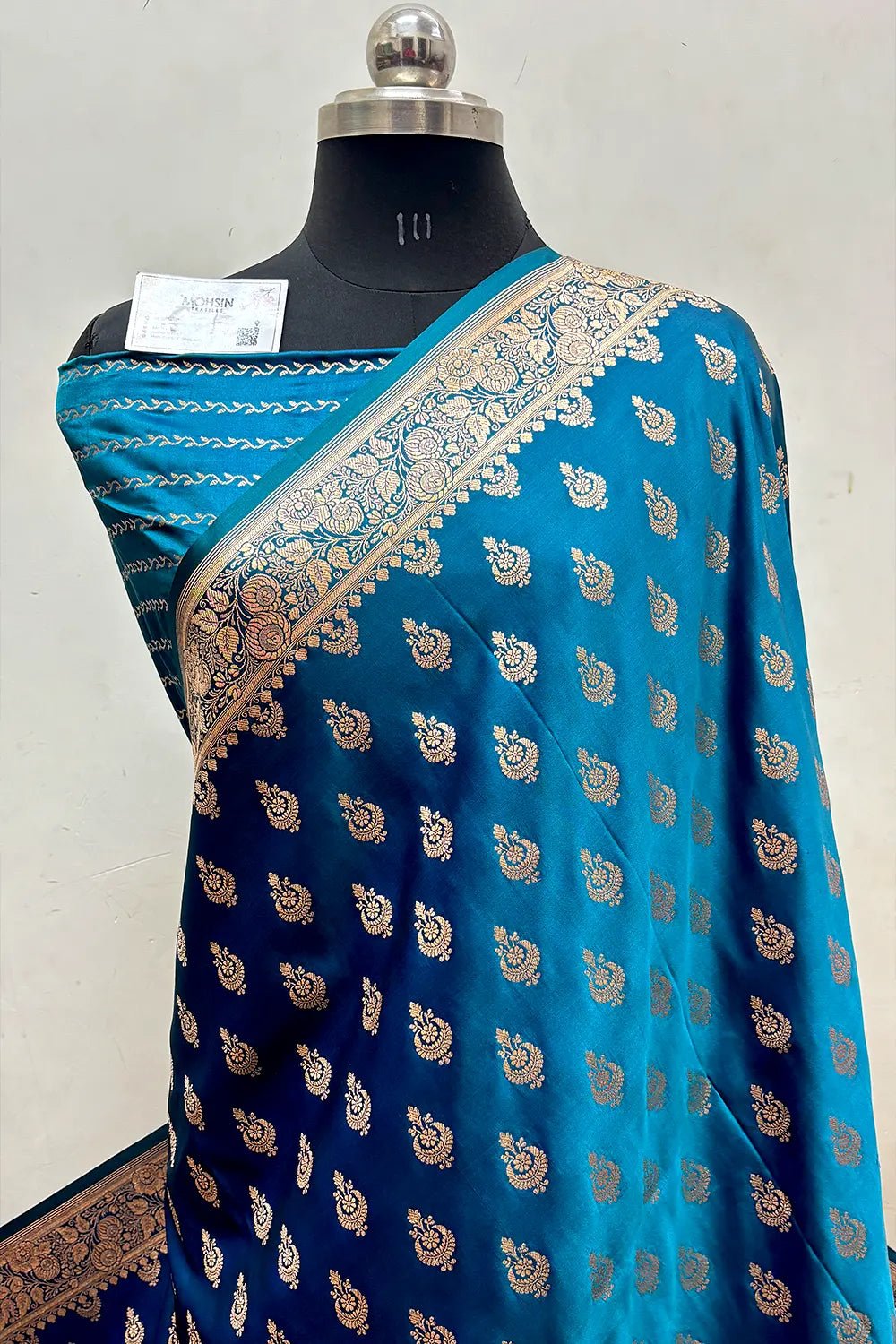 Teal Zari Katan Satin Silk Banarasi Saree