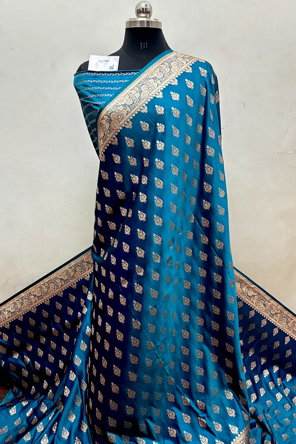 Teal Zari Katan Satin Silk Banarasi Saree