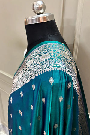 Teal Zari Katan Silk Banarasi Saree