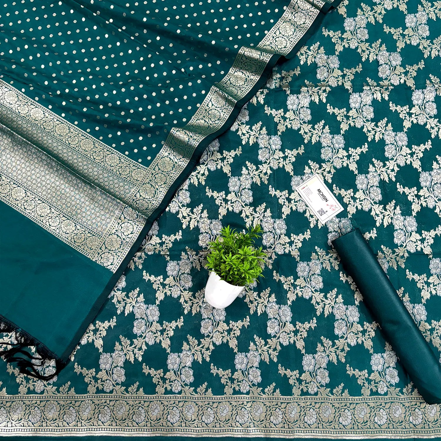 Teal Zari Katan Silk Banarasi Suit