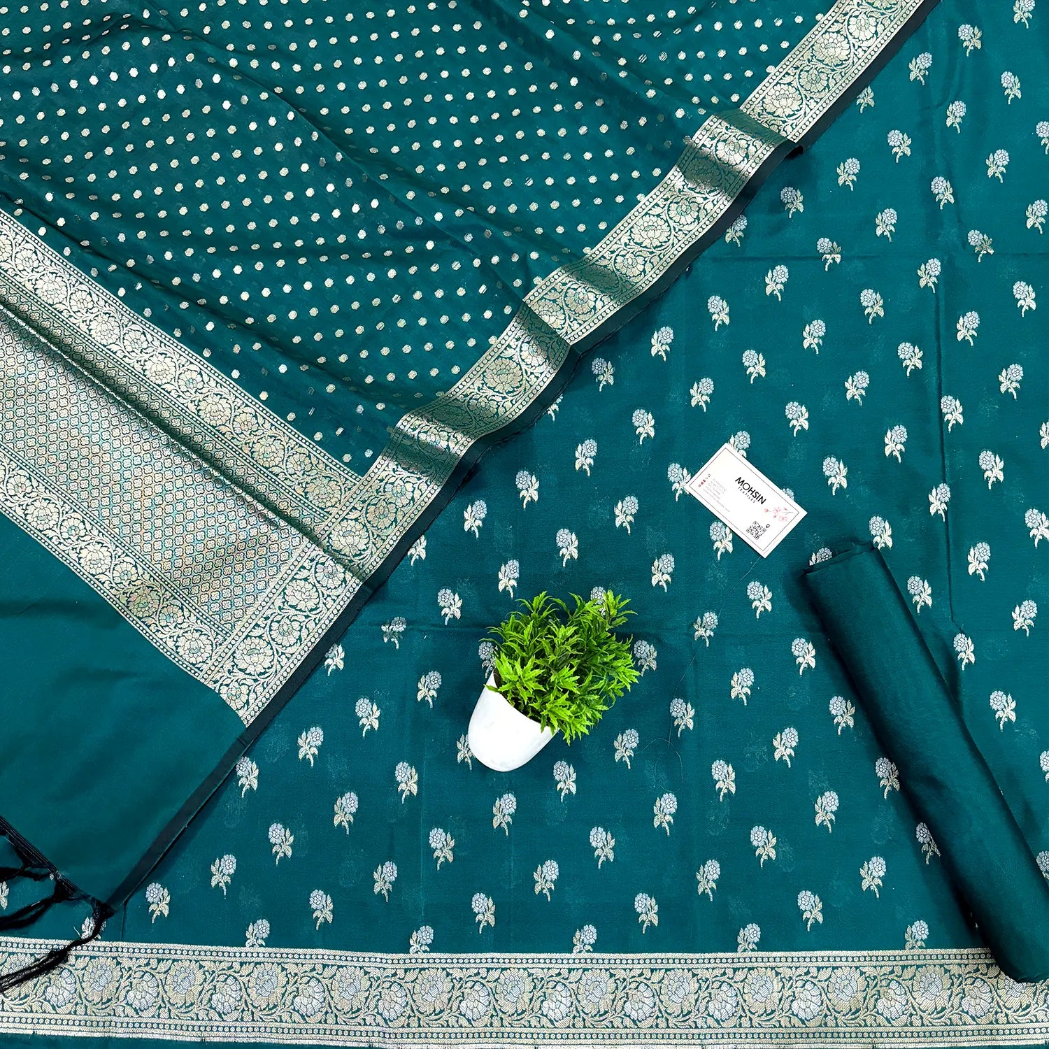 Teal Zari Katan Silk Banarasi Suit