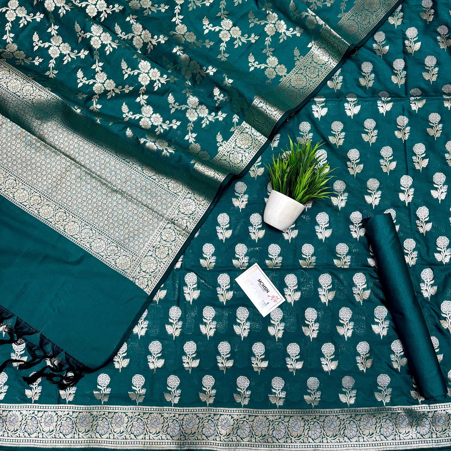 Teal Zari Katan Silk Banarasi Suit