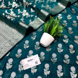Teal Zari Katan Silk Banarasi Suit