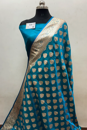 Teal Zari Satin Silk Banarasi Saree