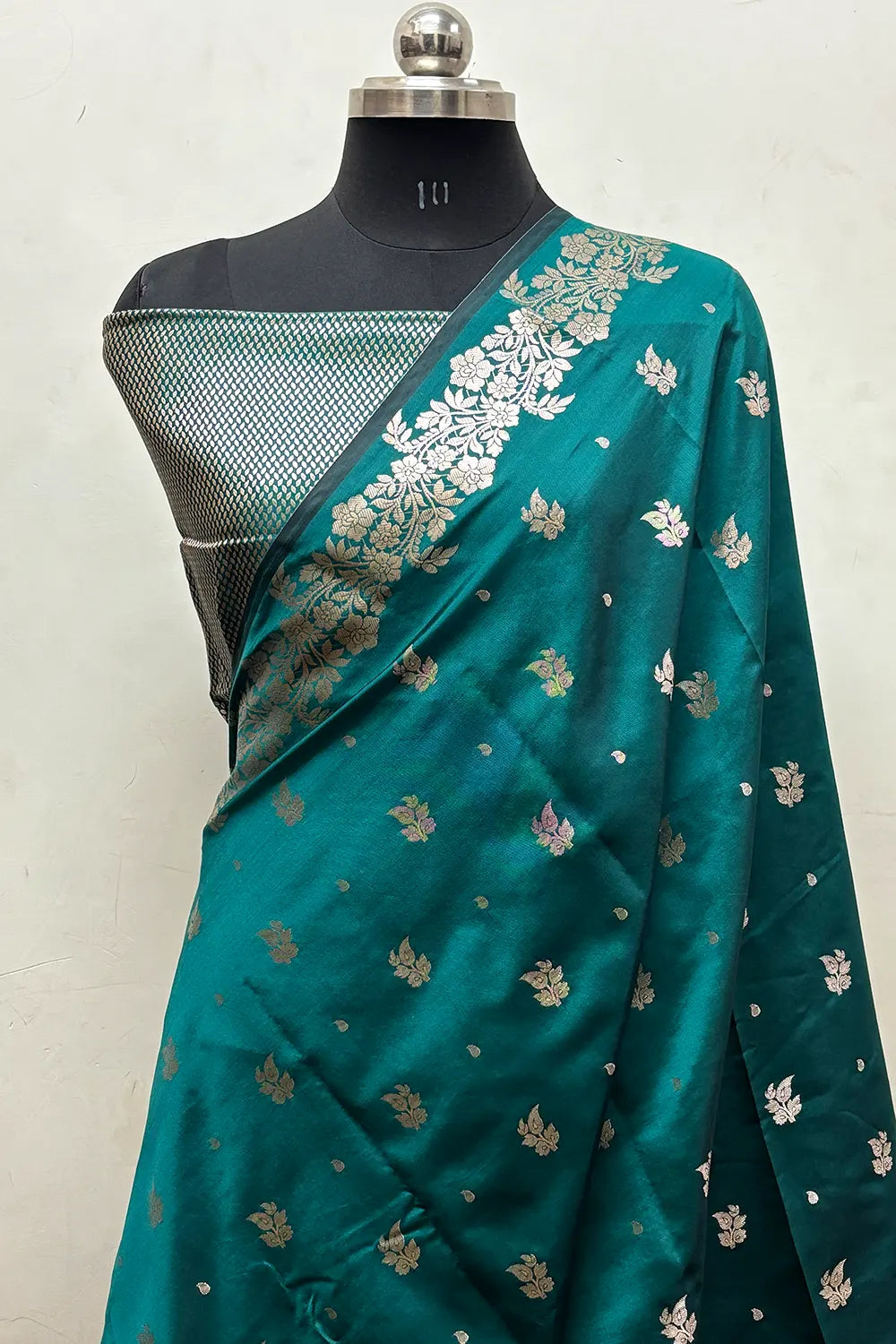 Teal Zari Semi Katan Silk Banarasi Saree