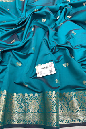 Teal Zari Semi Katan Silk Banarasi Saree