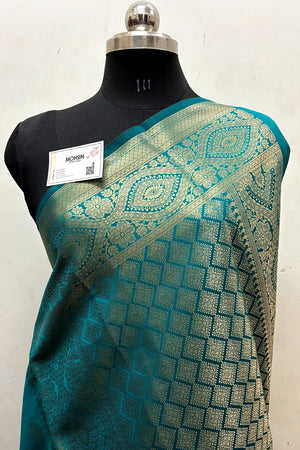 Teal Zari Semi Katan Silk Banarasi Saree