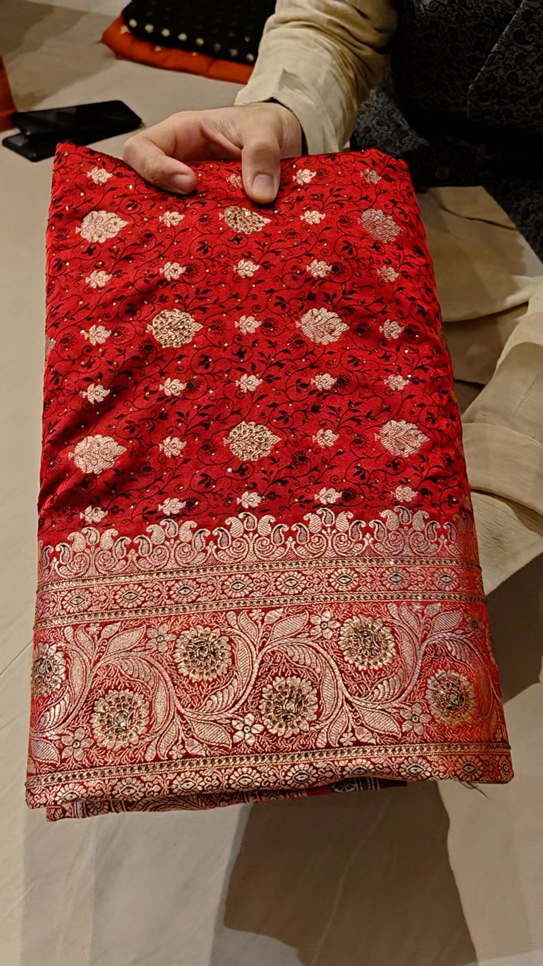 Maroon Chunni Munni Buti Siroski Stone Katan Silk Banarasi Saree