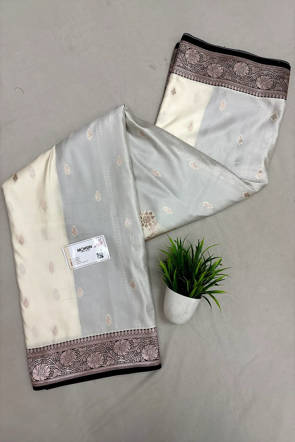 White and Black Zari Katan Mashru Silk Banarasi Saree
