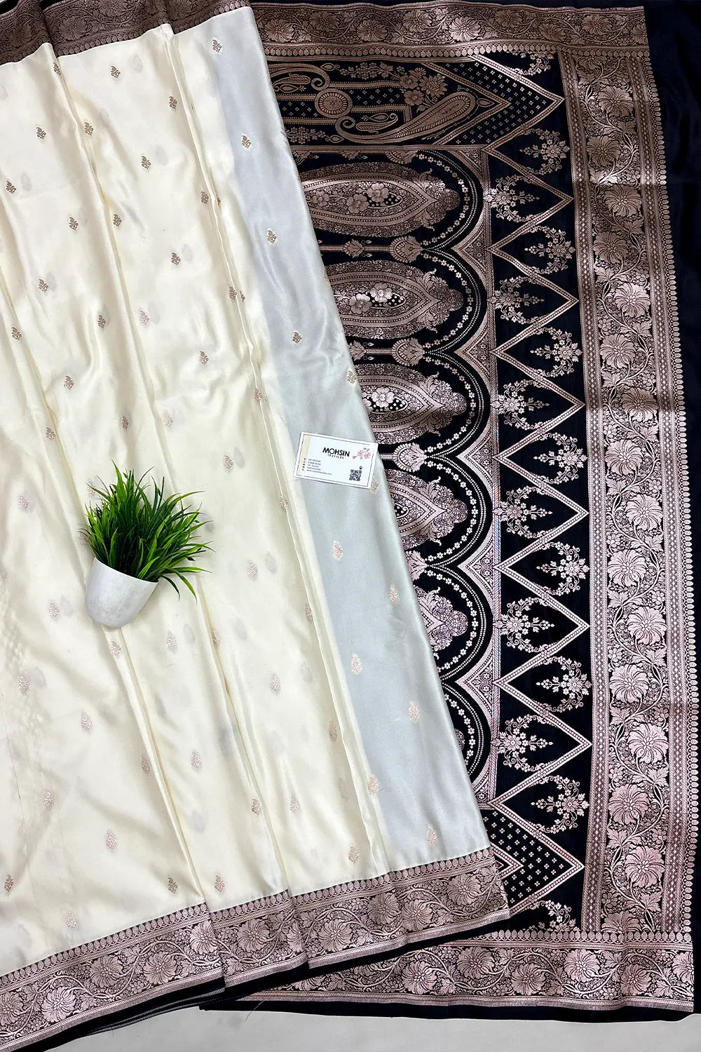 White and Black Zari Katan Mashru Silk Banarasi Saree