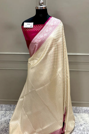 White and Pink Golden Zari Katan Silk Banarasi Saree