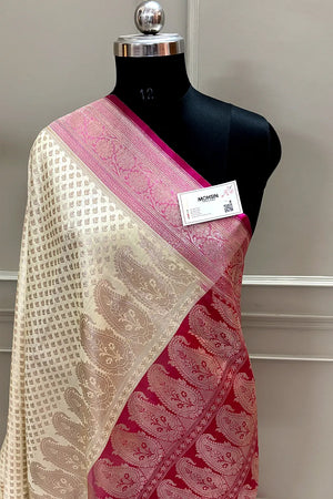 White and Pink Golden Zari Katan Silk Banarasi Saree