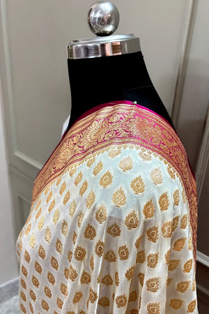White and Pink Zari Katan Silk Banarasi Saree
