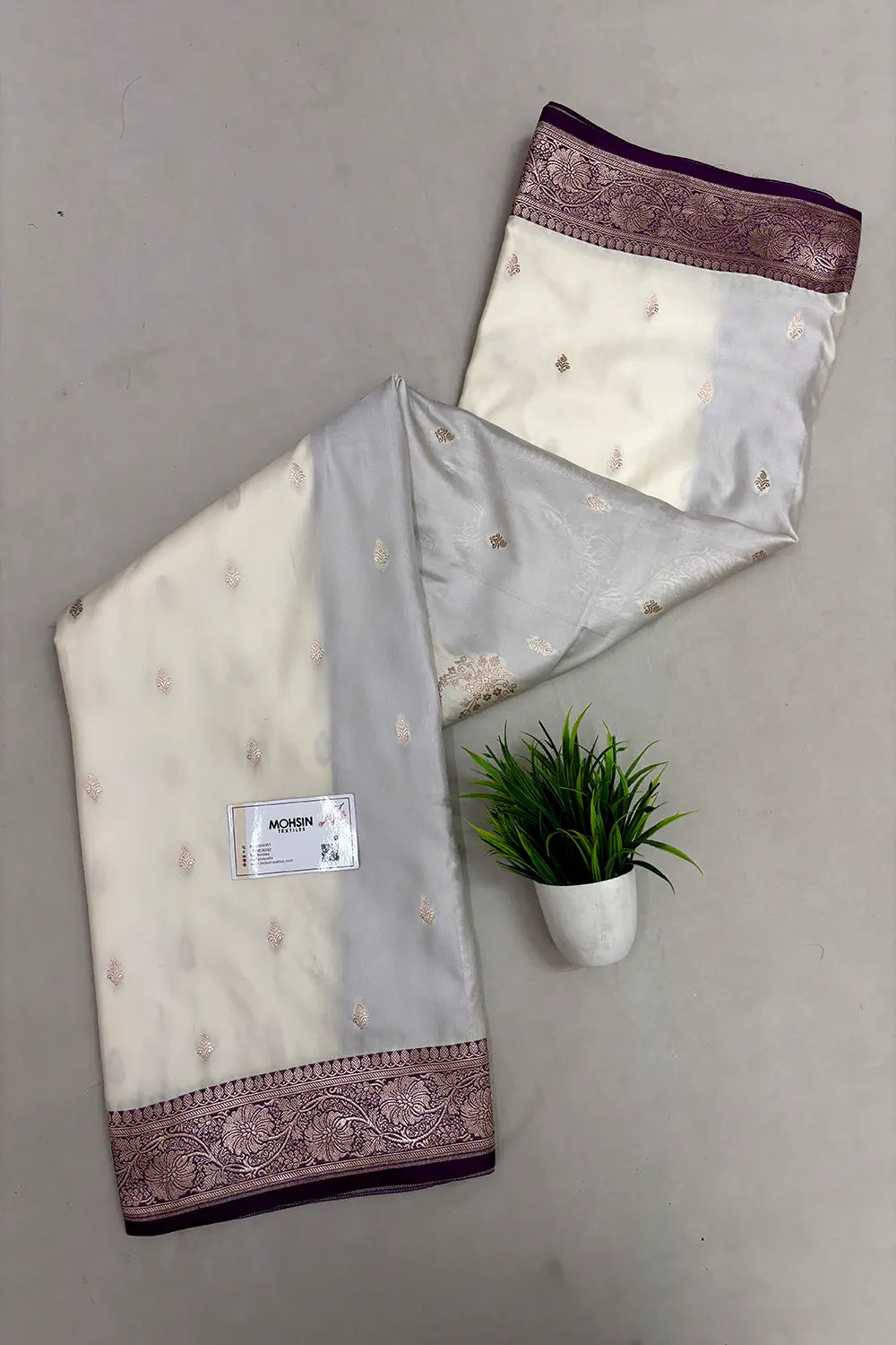 White and Purple Zari Katan Mashru Silk Banarasi Saree