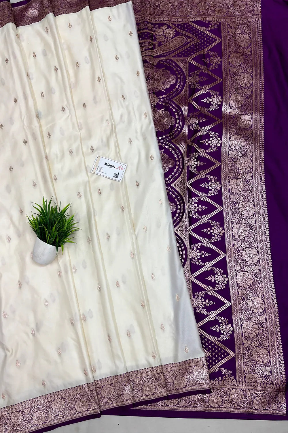 White and Purple Zari Katan Mashru Silk Banarasi Saree