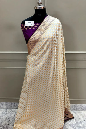 White and Purple Zari Katan Silk Banarasi Saree