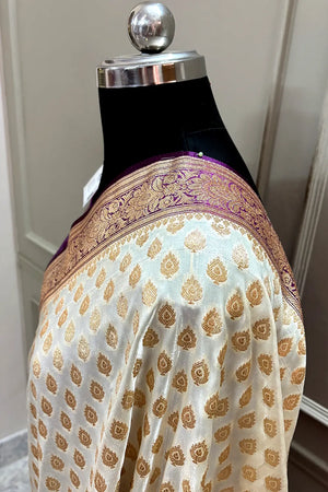 White and Purple Zari Katan Silk Banarasi Saree