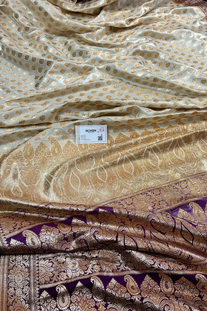 White and Purple Zari Katan Silk Banarasi Saree