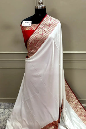 White and Red Royal Plain Katan Silk Banarasi Saree