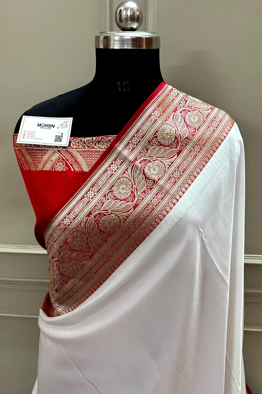 White and Red Royal Plain Katan Silk Banarasi Saree