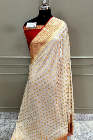 White and Red Satin Silk Banarasi Saree