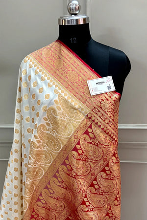 White and Red Satin Silk Banarasi Saree