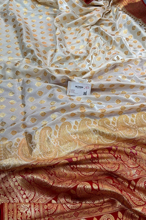 White and Red Satin Silk Banarasi Saree