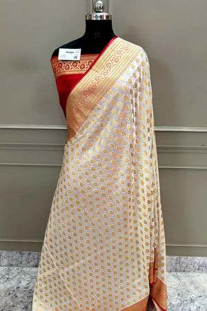 White and Red Satin Silk Banarasi Saree
