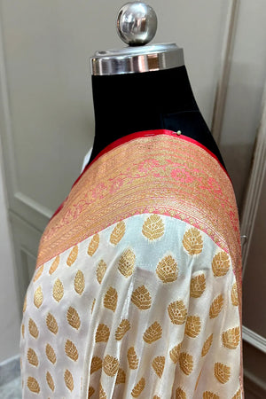 White and Red Satin Silk Banarasi Saree