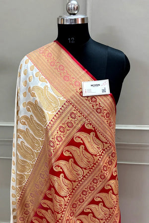 White and Red Satin Silk Banarasi Saree