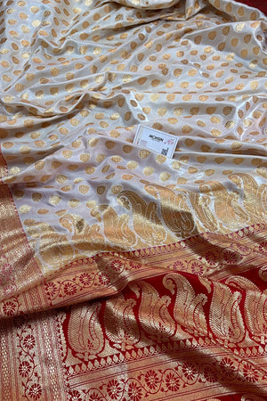 White and Red Satin Silk Banarasi Saree