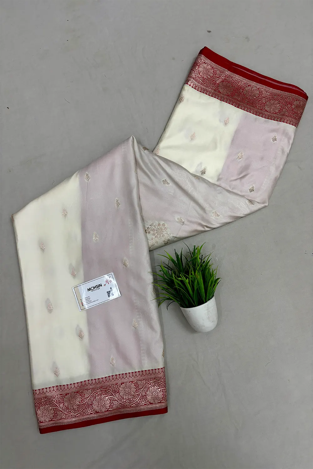 White and Red Zari Katan Mashru Silk Banarasi Saree