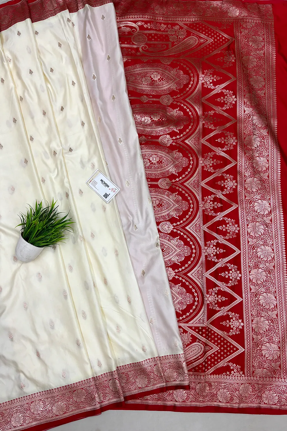 White and Red Zari Katan Mashru Silk Banarasi Saree